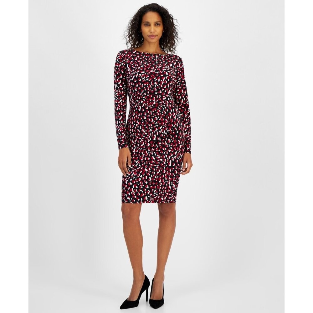 Kasper Women Printed Long-Sleeve Sheath Dress Red Black Petite Size PL MSRP $89